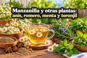 Manzanilla y otras plantas: anís, romero, menta y toronjil