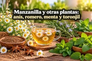 Manzanilla y otras plantas: anís, romero, menta y toronjil