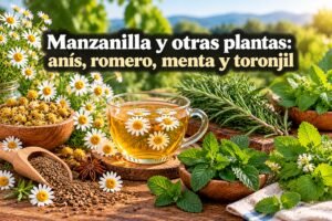 Manzanilla y otras plantas: anís, romero, menta y toronjil